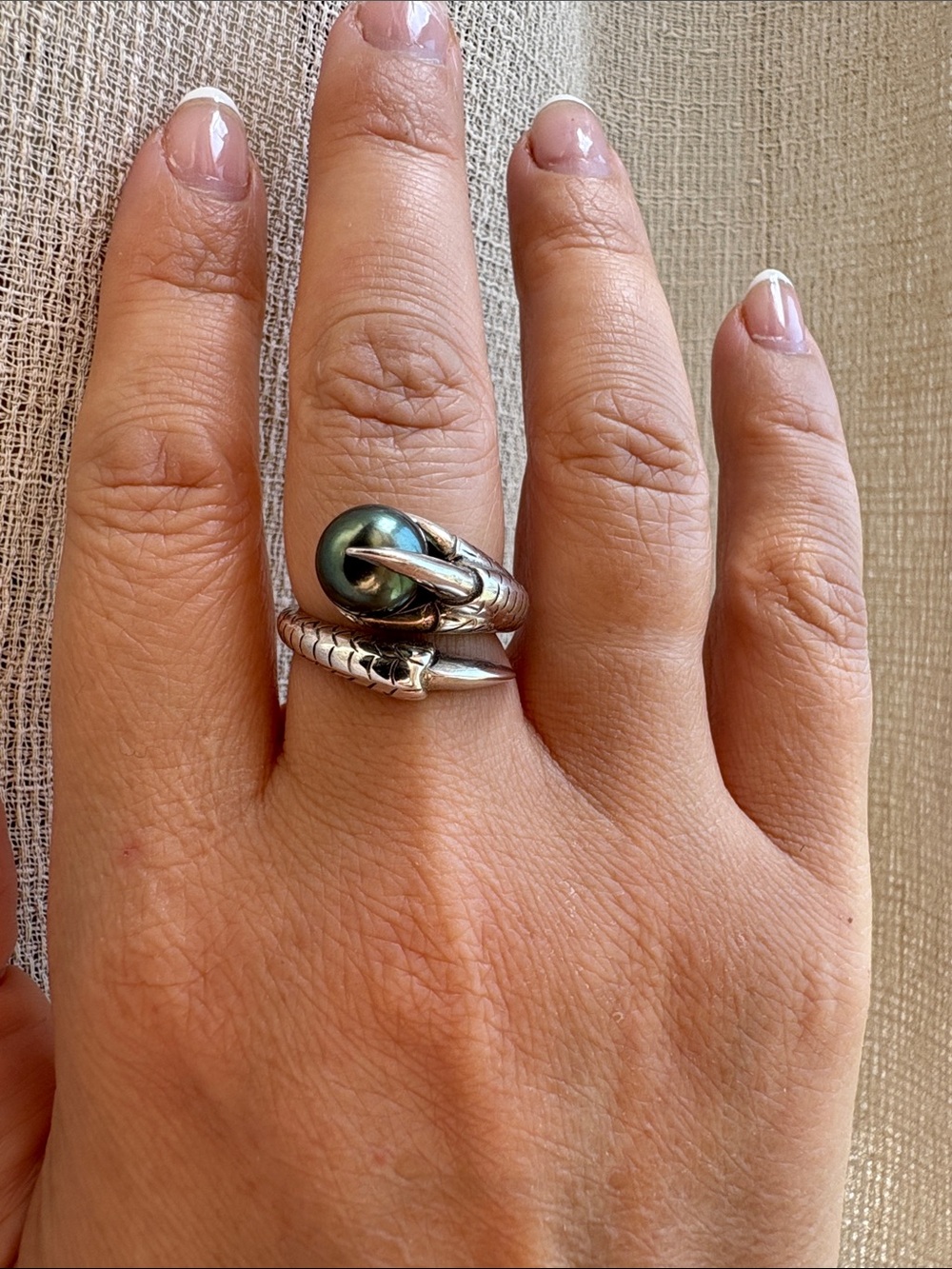 Silver Dragon Claw Ring with Dark Green Pearl Accent